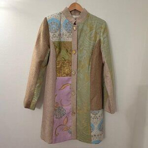 Julia K Boho Chic Long Jacket Sz S Multi Color Patchwork Art to Wear Coat